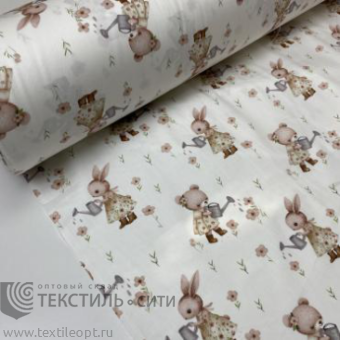 Сатин "ЗАЙКИ И МИШКИ" 100% х/б Ш-160 см пл.125 гр. 7-20, м