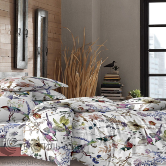 ткань Сатин Премиум "Птицы" цв. белый, цифровая печать